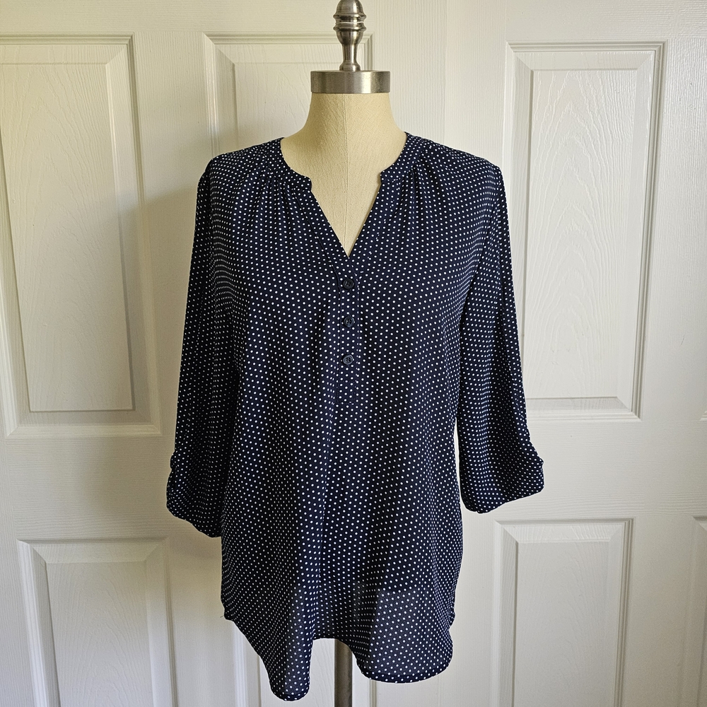New York & Company Navy Polka Dot Blouse